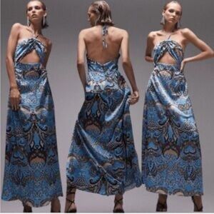 Topshop Petite Blue Paisley Cut Out Halter Maxi Dress Size 10P NEW